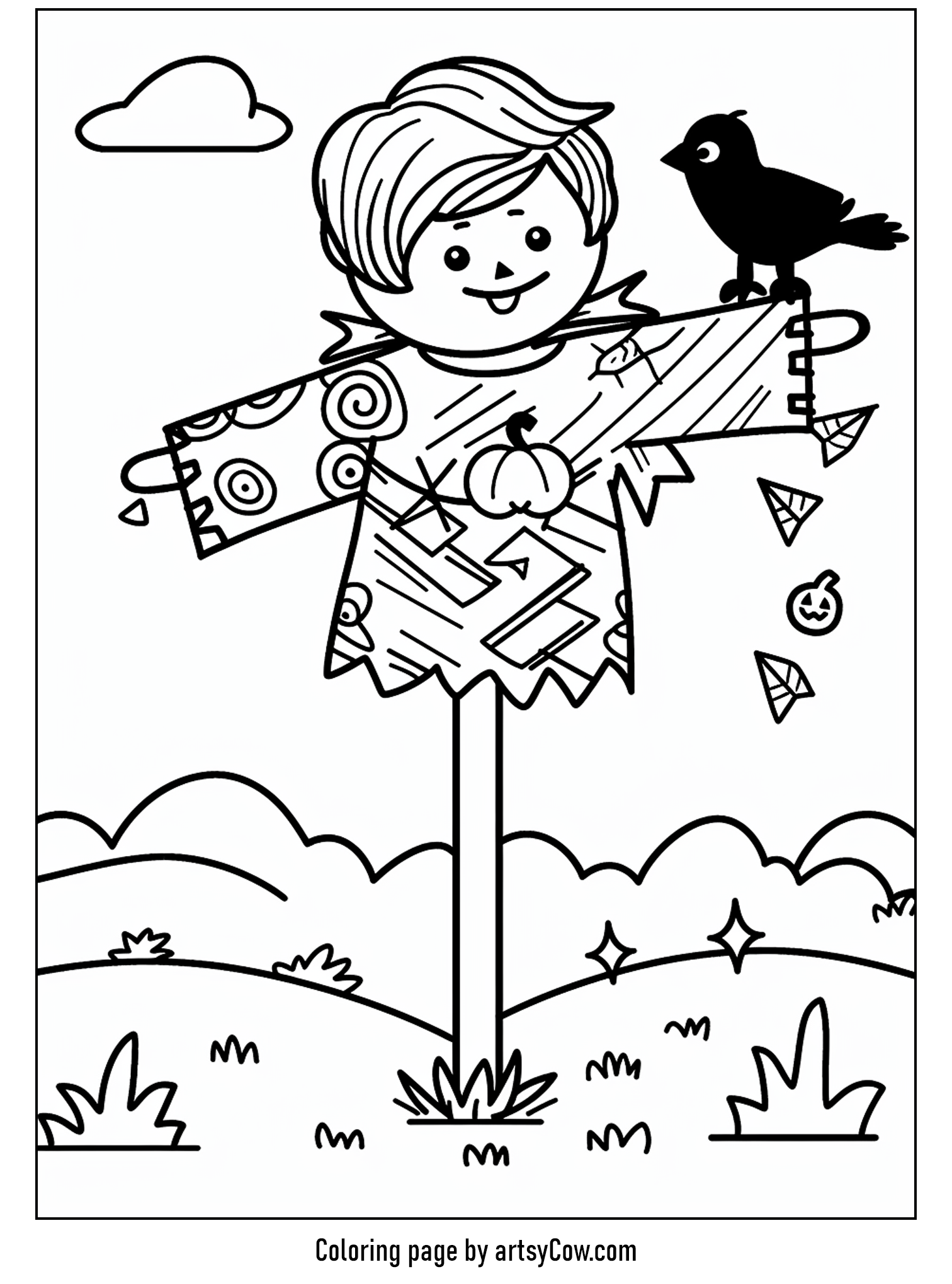 a smiling scarecrow dressed in patchwork clothing with a friendly crow